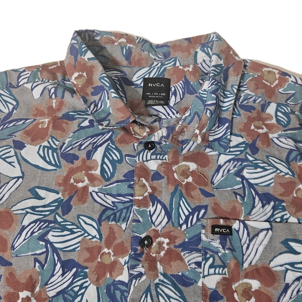 RVCA Button Up Mens 2XL Blue Floral Hawaiian Skater Short Sleeve Shirt